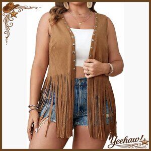 Plus Size Suede Vest Jacket Fringe Trim Studded Detail Open Front V Neck